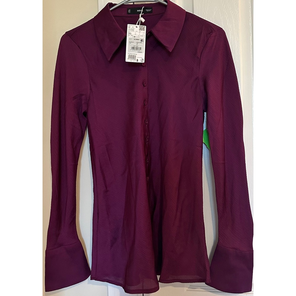 Mango MNG Dark Purple Twisty Textured Button Down Shirt Blouse Womens XS